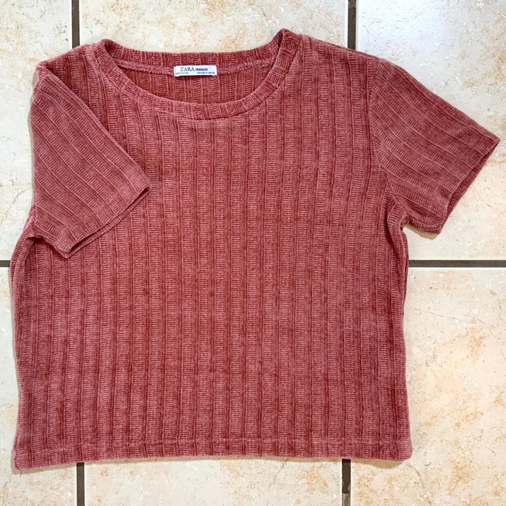 EUC Zara Chenille Textured Short Sleeve Crop Top M - Picture 7 of 13